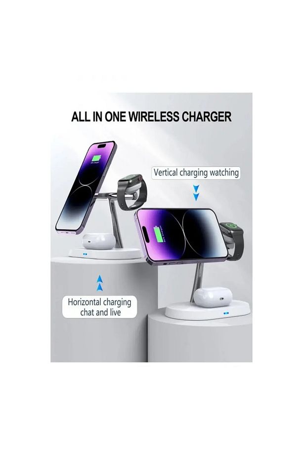 3'lü Wireless Kablosuz Şarj Standı Apple - Android Uyumlu 15W Hızlı Şarj Kulaklık - Saat Şarj Standı - 6