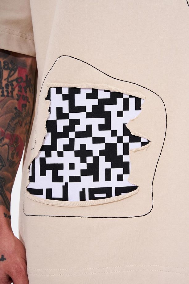 Erkek Dama Patch Oversize Açık Bej Tişört - 2
