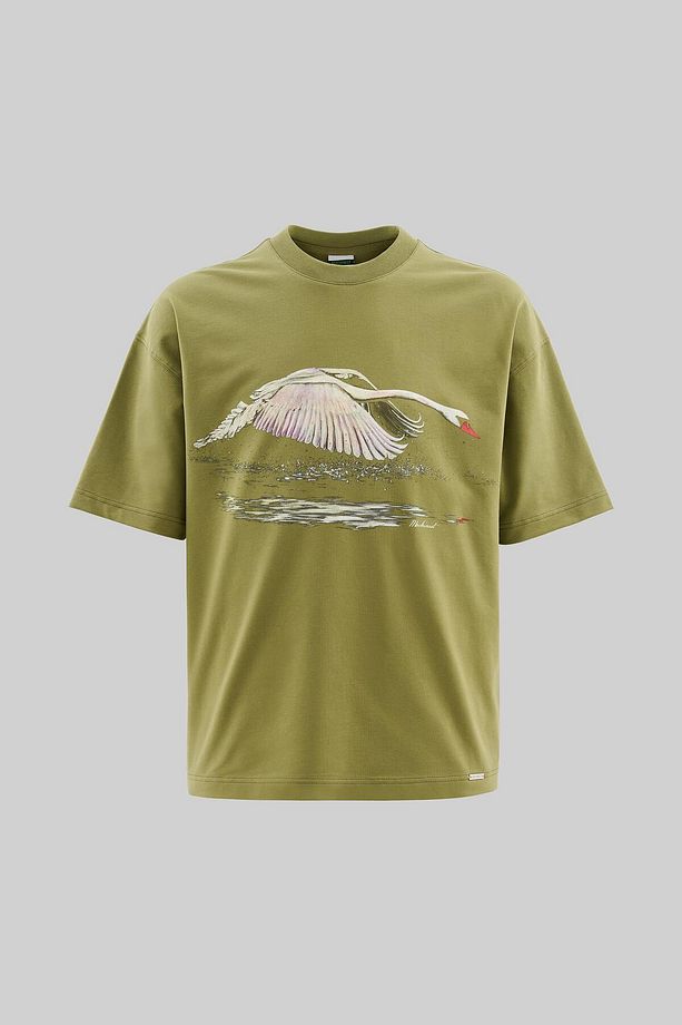 Erkek Swan Printed Oversize Askeri Yeşil Tişört - 1