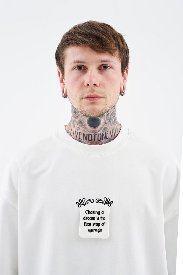 Erkek Flock Printed Oversize Ekru Tişört - 4
