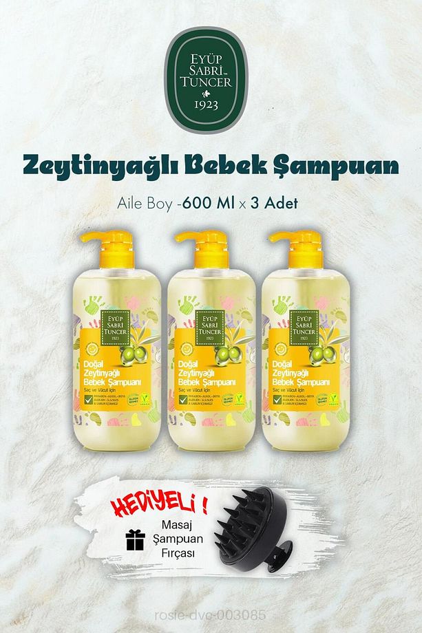 3 Adet Zeytinyağlı Bebek Şampuan 600 ML ve Şampuan Fırçası Hediyeli - 1