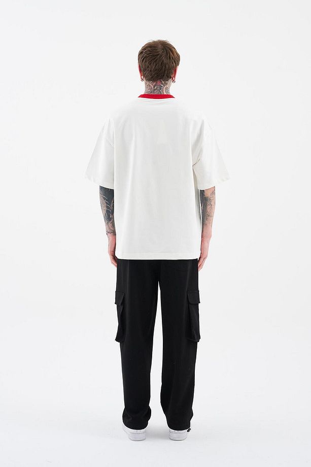 Erkek Color Gradient Embroidered Oversize Ekru Tişört - 8