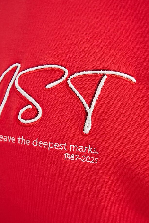 Erkek Colored And Technical Embroidered Oversize Ateş Kırmızısı Tişört - 2