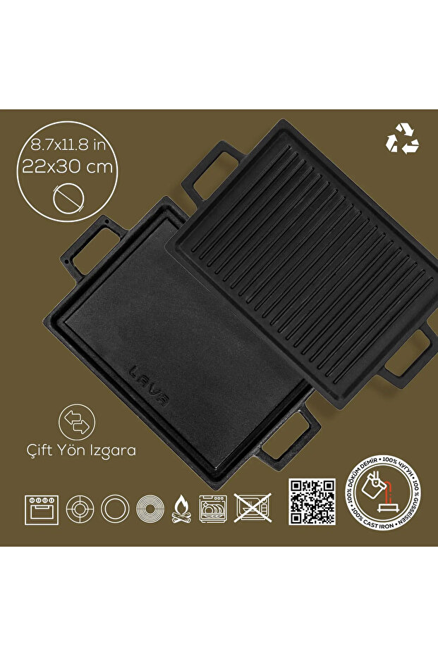 Cast Rectangular Reversible Grill Hot Plate Cast Iron Solid Double Handle Size 22x30cm - 4