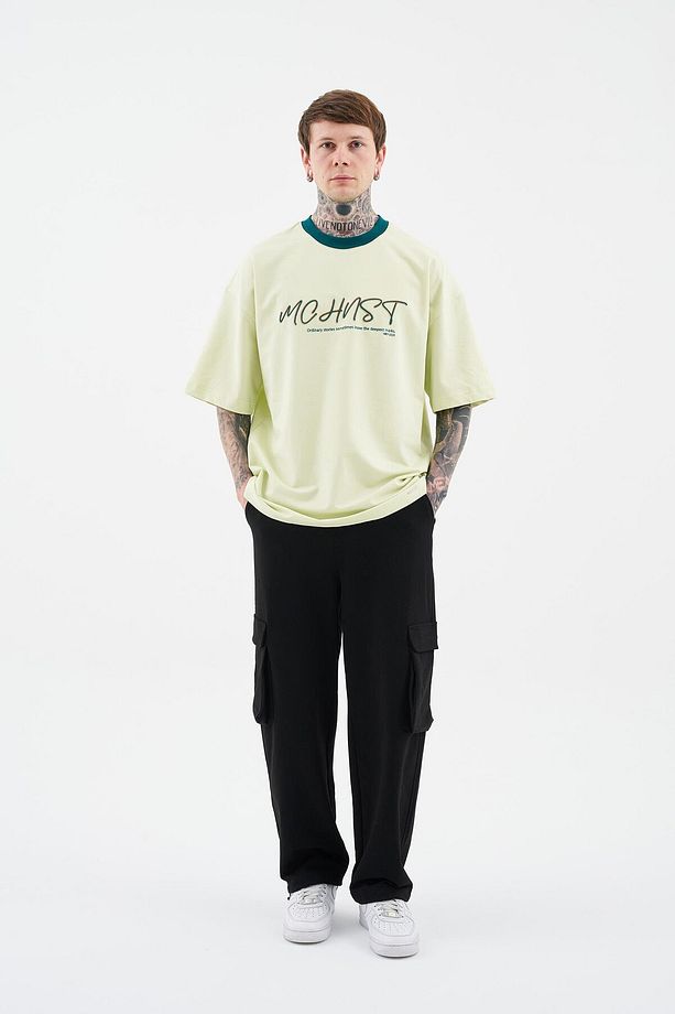 Erkek Colored And Technical Embroidered Oversize Limon Yeşili Tişört - 5