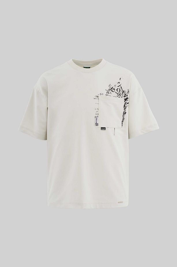 Erkek Label And Print Pocket Oversize Uzay Grisi Tişört - 1