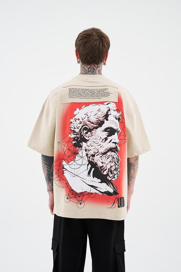 Erkek Platon Oversize Soft Bej Tişört - 4