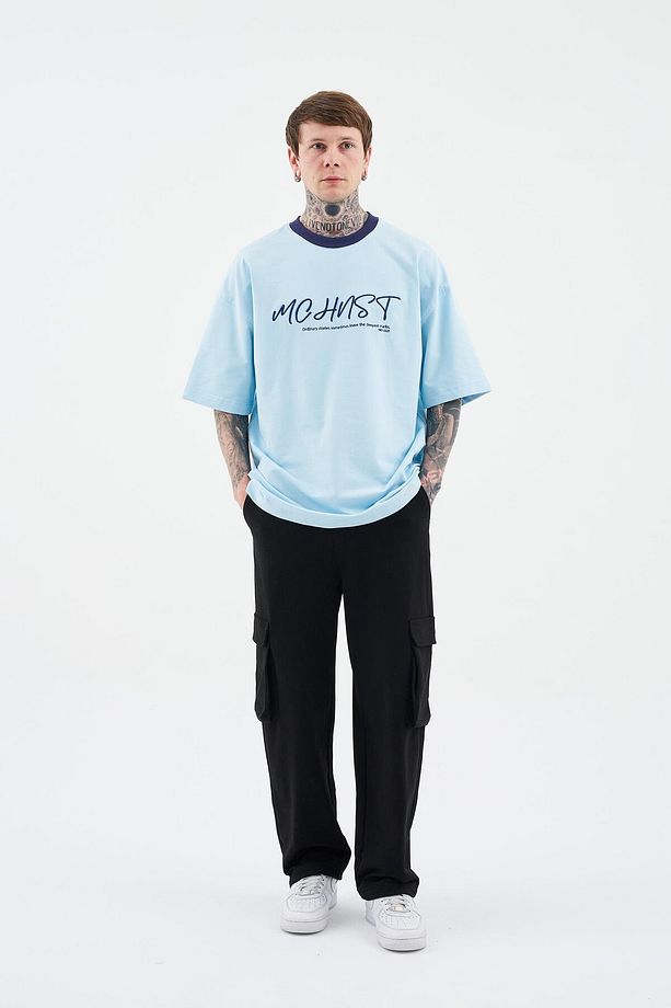 Erkek Colored And Technical Embroidered Oversize Light Mavi Tişört - 5