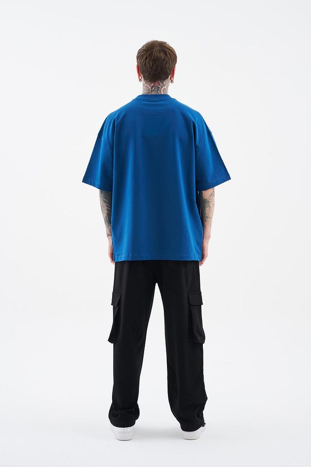 Erkek B4 Printed And Embroidered Oversize İndigo Tişört - 8