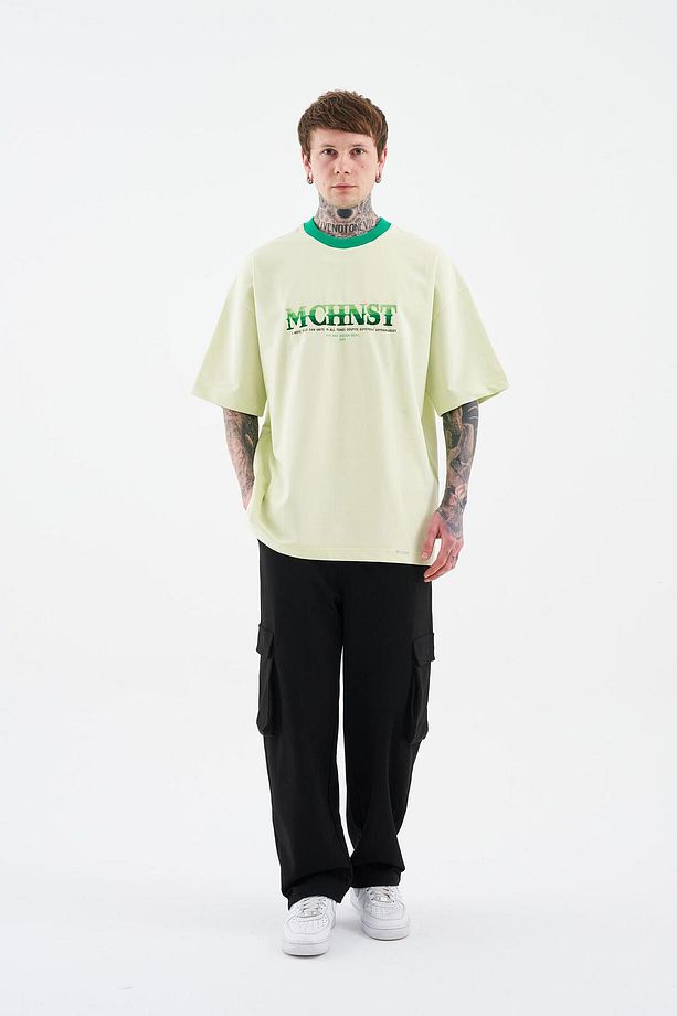 Erkek Color Gradient Embroidered Oversize Limon Yeşili Tişört - 7