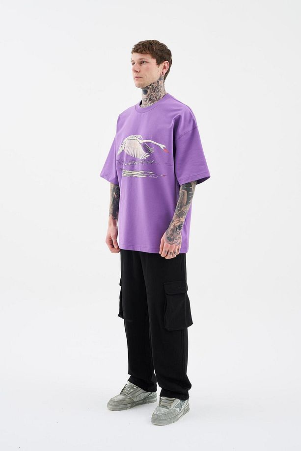 Erkek Swan Printed Oversize Mor Tişört - 7