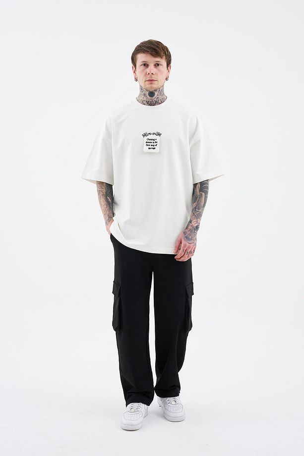 Erkek Flock Printed Oversize Ekru Tişört - 6