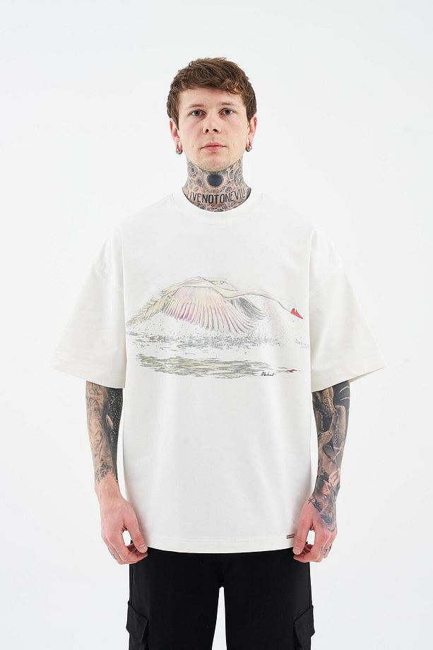 Erkek Swan Printed Oversize Ekru Tişört - 4