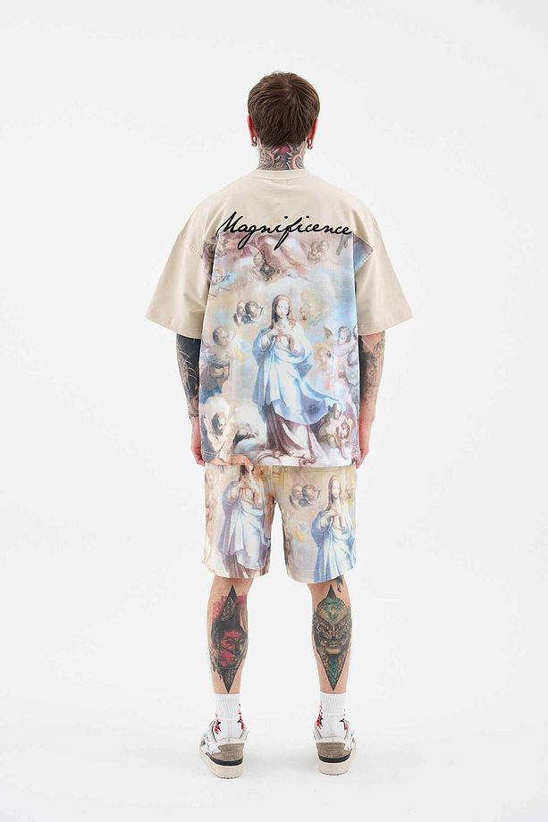 Erkek Baroque Style Painting Printed Oversize Soft Bej Tişört - 7