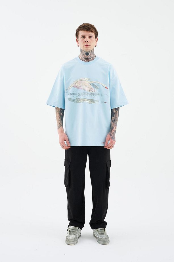 Erkek Swan Printed Oversize Light Mavi Tişört - 6