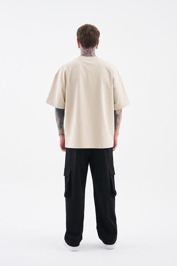 Erkek Splater Look Colored Embroidered Oversize Soft Bej Tişört - 8