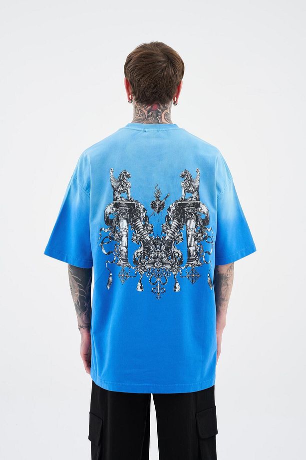 Erkek M Letter Washed Yikamali Oversize Soft Mavi Tişört - 6