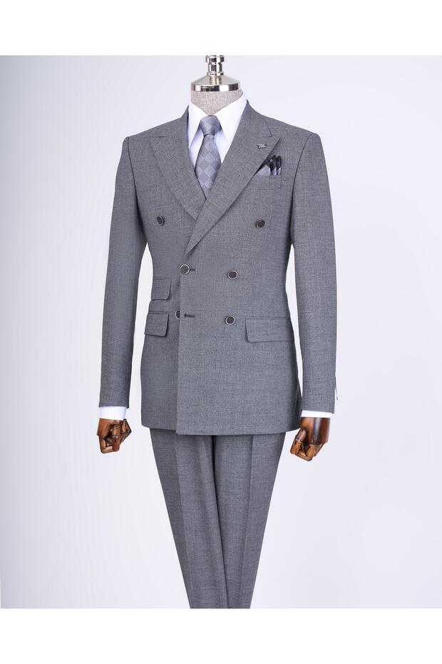 Italian Style Slim Fit Patterned Double Breasted Jacket Pants Suit Black T11693