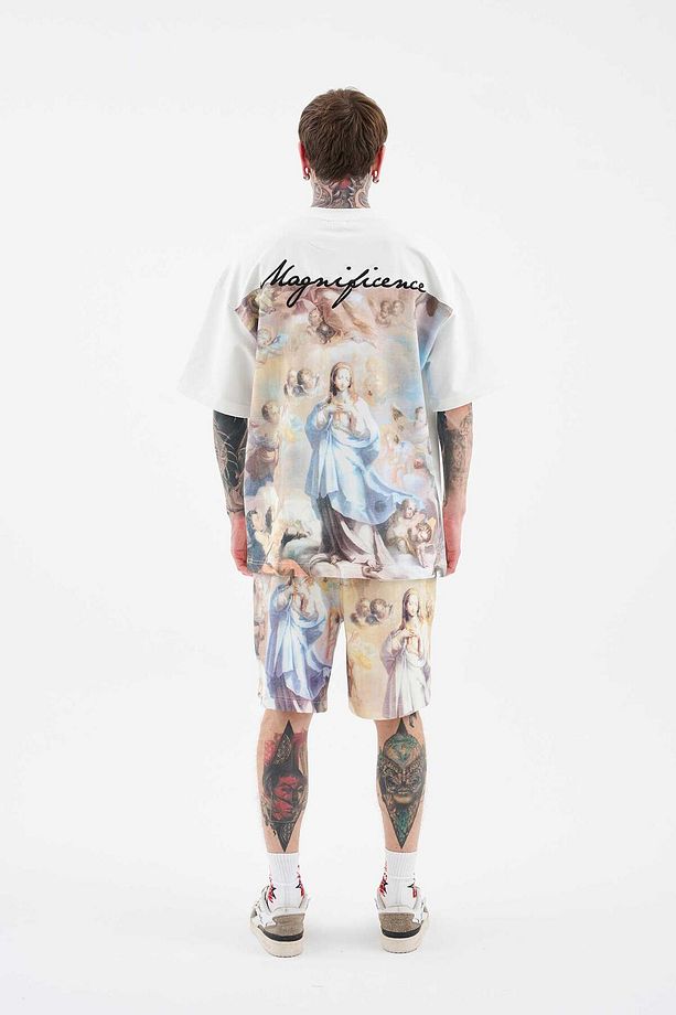 Erkek Baroque Style Painting Printed Oversize Ekru Tişört - 6