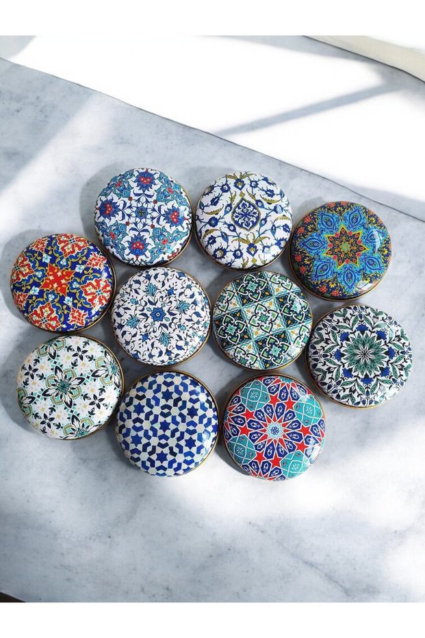 Mandala Themed Metal Box - Gift and Candle Preparation Box 7,3X3Cm 10 Pieces