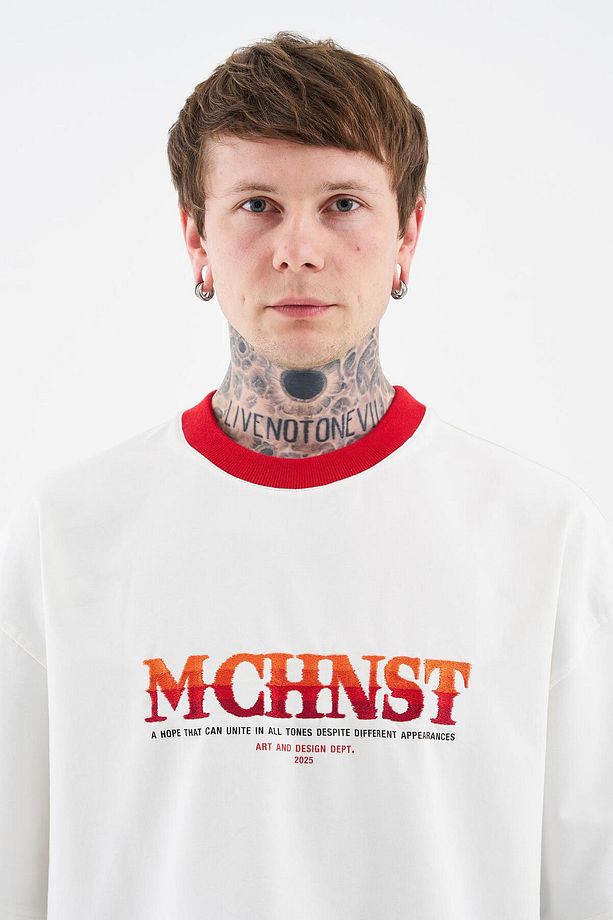 Erkek Color Gradient Embroidered Oversize Ekru Tişört - 5