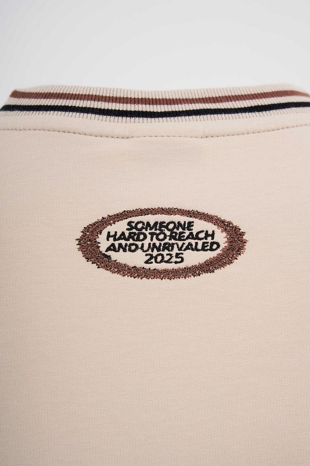 Erkek Striped Collar And Embroidered Oversize Soft Bej Tişört - 5