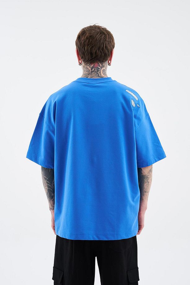 Erkek Patchwork And Stitched Oversize Soft Mavi Tişört - 6