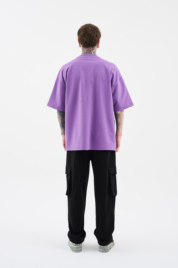 Erkek Swan Printed Oversize Mor Tişört - 8