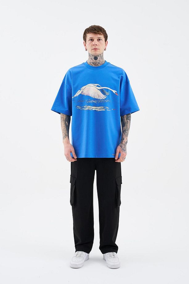 Erkek Swan Printed Oversize Soft Mavi Tişört - 6