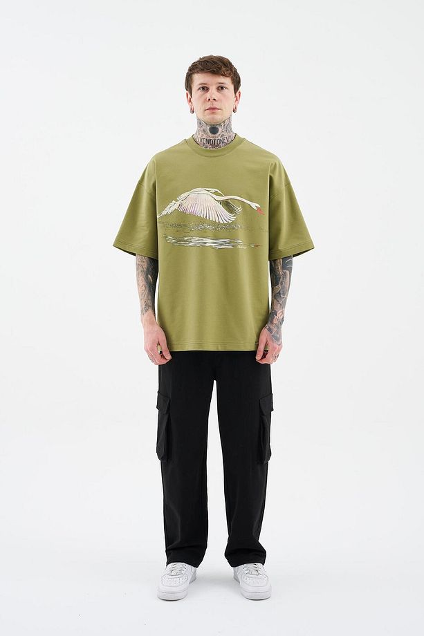 Erkek Swan Printed Oversize Askeri Yeşil Tişört - 6
