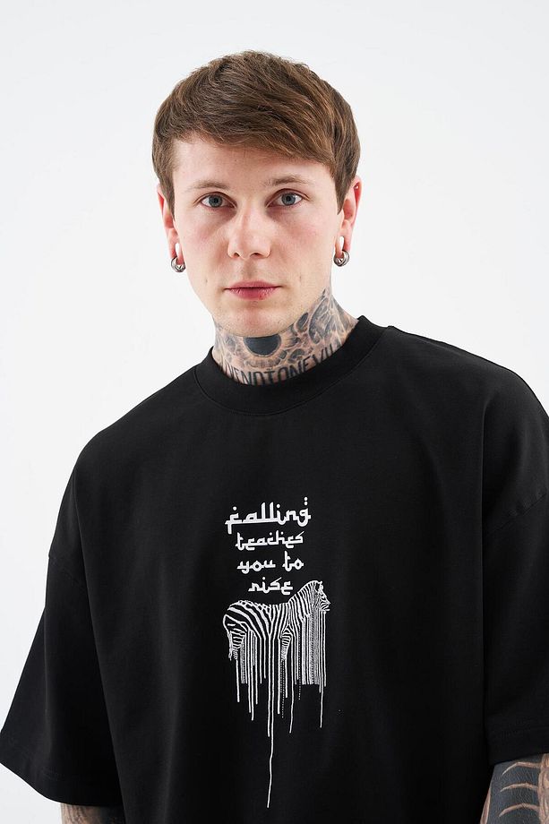Erkek Printed And Zebra Oversize Siyah Tişört - 5