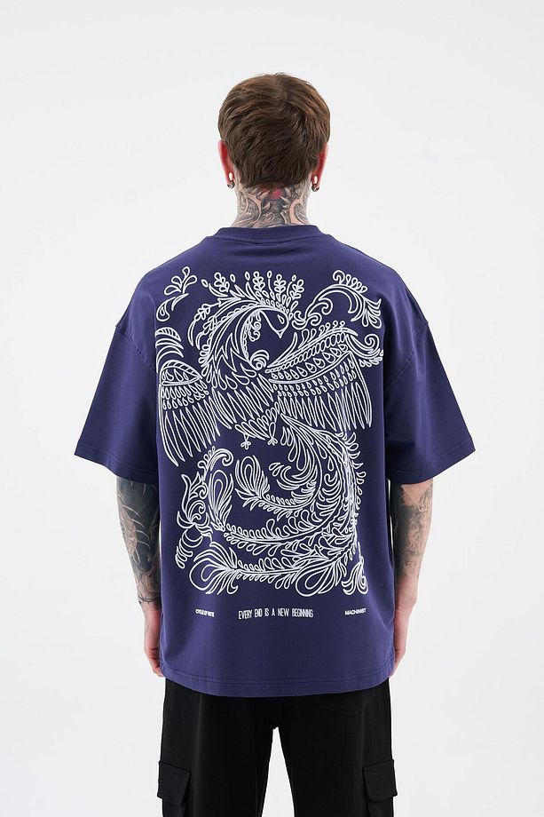 Erkek Flock Printed Oversize Lacivert Tişört - 6