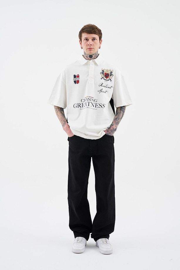 Erkek Printed And Yıkamalı Polo Oversize Ekru Tişört - 7