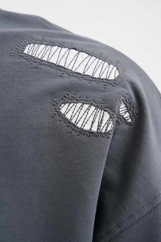 Erkek Patchwork And Stitched Oversize Smoked Tişört - 4