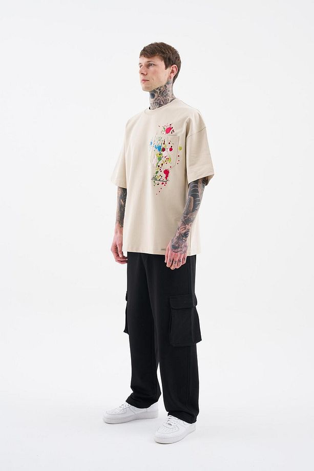 Erkek Splater Look Colored Embroidered Oversize Soft Bej Tişört - 7