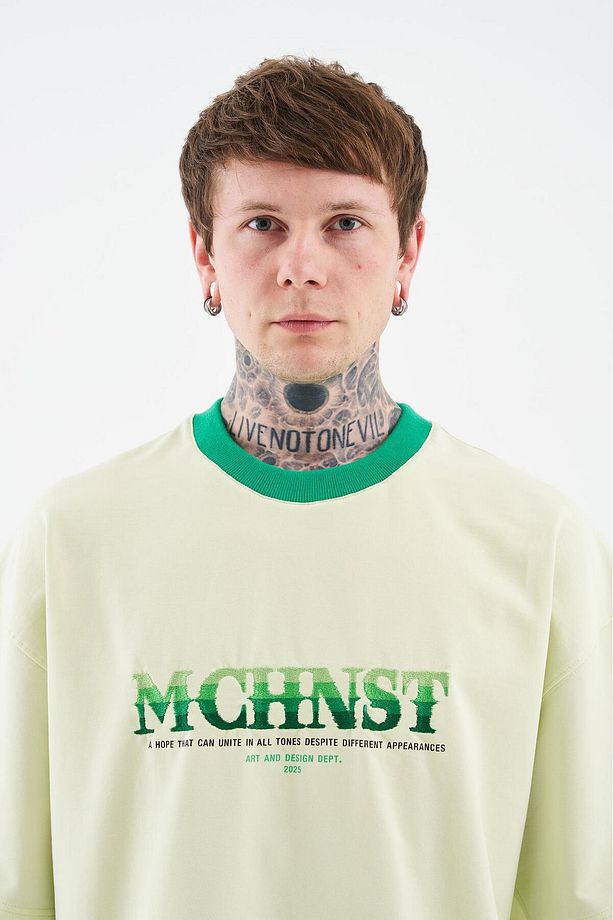 Erkek Color Gradient Embroidered Oversize Limon Yeşili Tişört - 5
