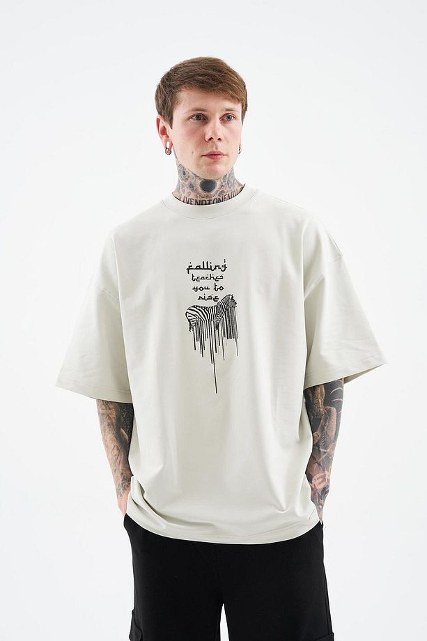 Erkek Printed And Zebra Oversize Uzay Grisi Tişört - 4