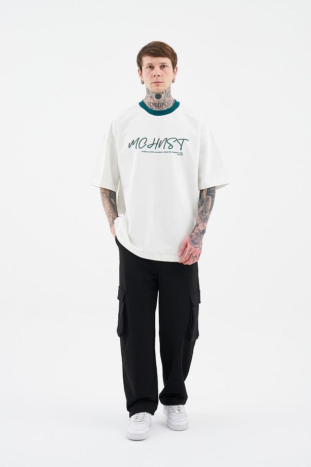 Erkek Colored And Technical Embroidered Oversize Ekru Tişört - 5