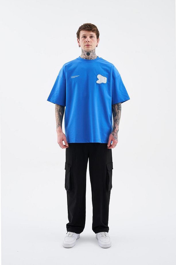 Erkek Patchwork And Stitched Oversize Soft Mavi Tişört - 8
