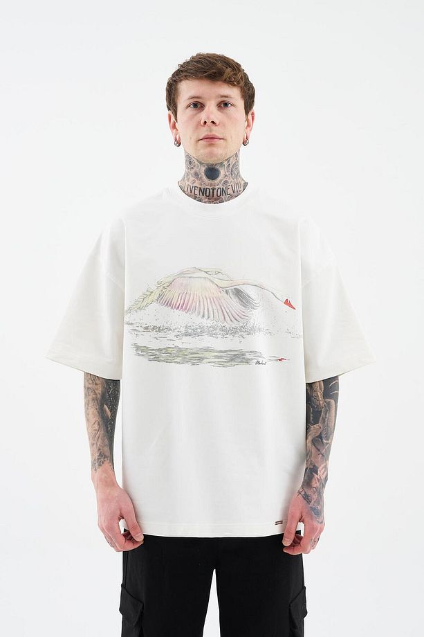 Erkek Swan Printed Oversize Uzay Grisi Tişört - 4
