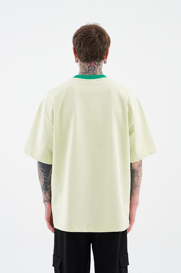 Erkek Color Gradient Embroidered Oversize Limon Yeşili Tişört - 6