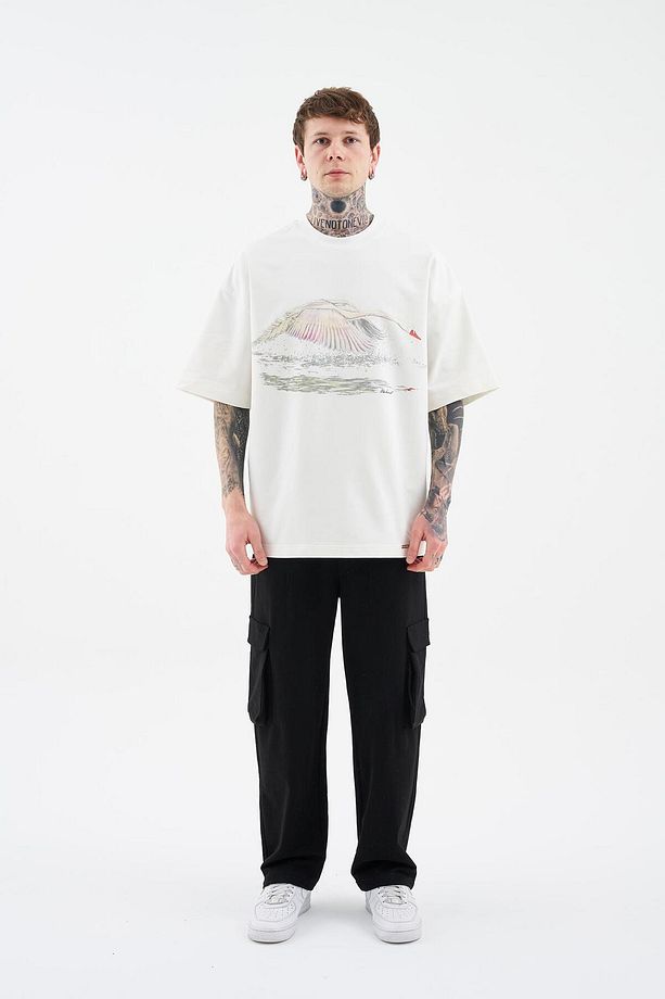 Erkek Swan Printed Oversize Ekru Tişört - 6