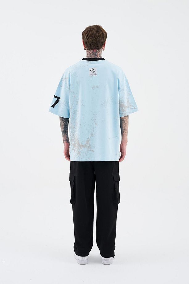 Erkek All Over Printed And Contrast Collar Oversize Light Mavi Tişört - 6