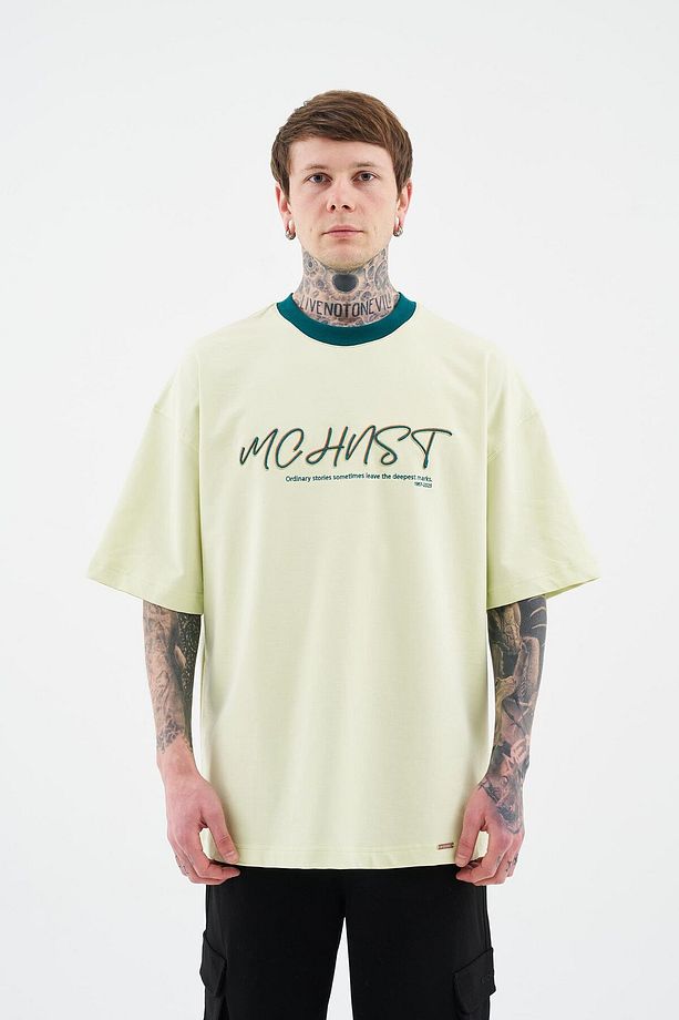Erkek Colored And Technical Embroidered Oversize Limon Yeşili Tişört - 4