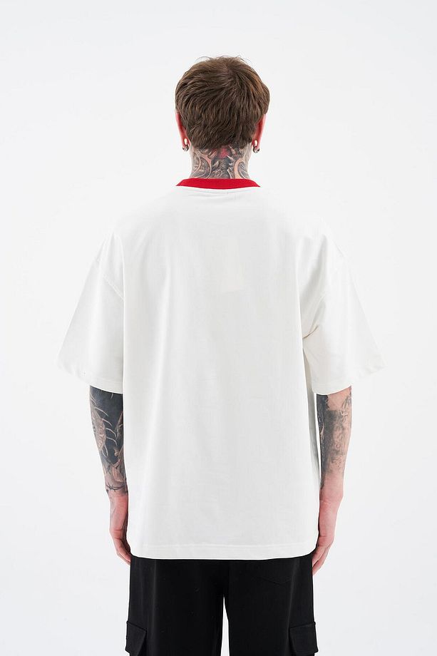 Erkek Color Gradient Embroidered Oversize Ekru Tişört - 6