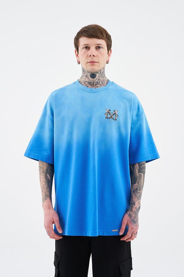 Erkek M Letter Washed Yikamali Oversize Soft Mavi Tişört - 5