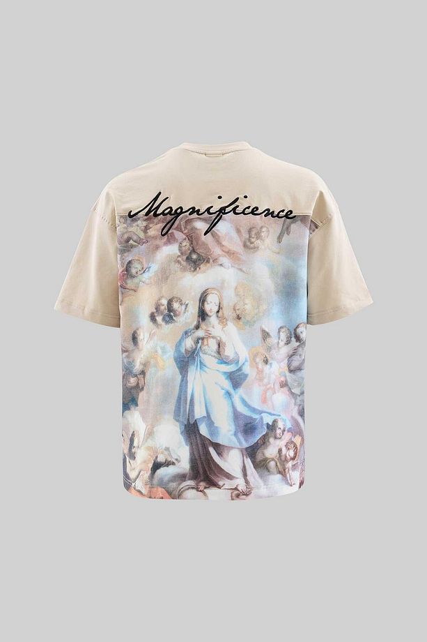 Erkek Baroque Style Painting Printed Oversize Soft Bej Tişört - 1