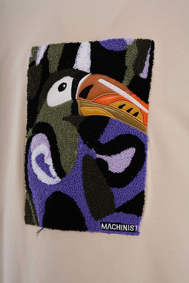 Erkek Parrot Embroidered Oversize Soft Bej Tişört - 3