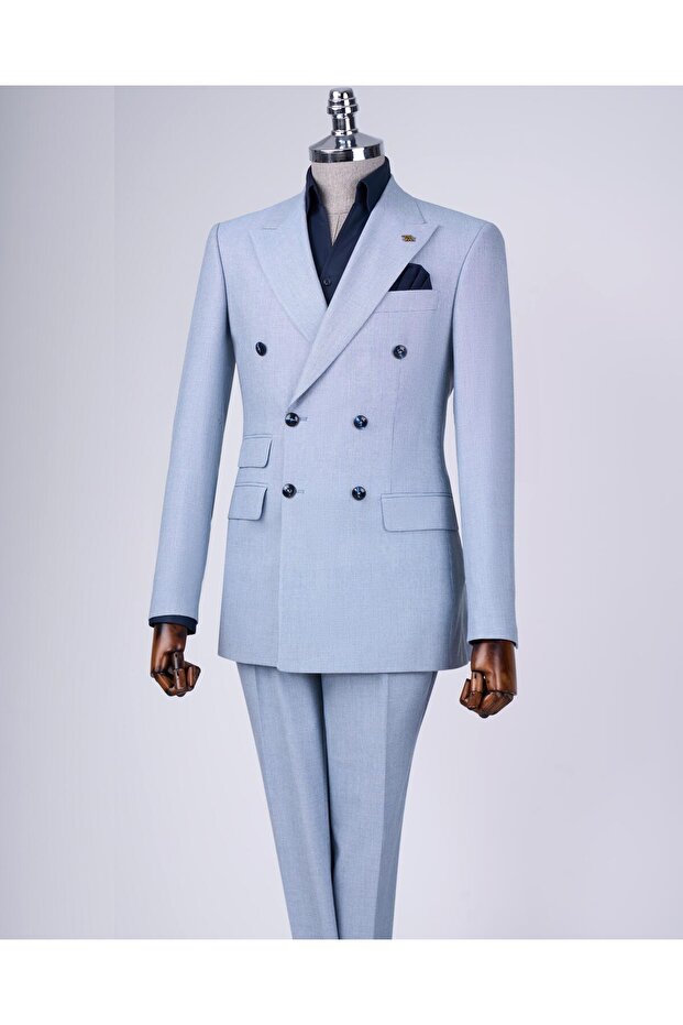 Italian Style Slim Fit Men's Double-Breasted Jacket Pants Suit Blue T12982