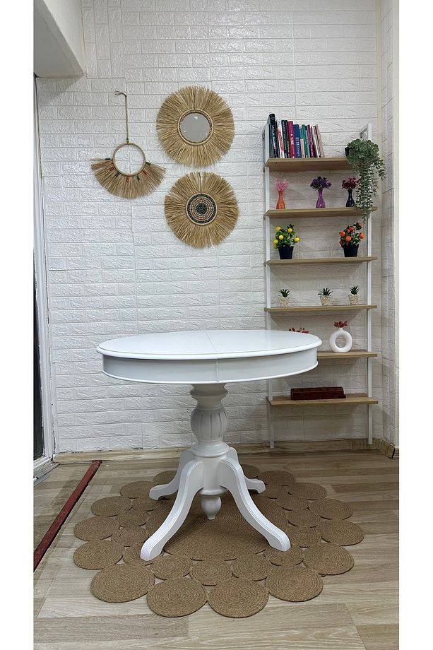 Concept Baba Ayaklı Masa Ahşap Yuvarlak Beyaz Renkli Açılır Masa (ÇAP 90 CM) - 1